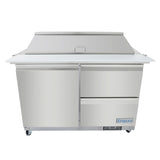 This Empura refrigerated prep table features a stainless steel sandwich salad mega top, two doors, two drawers, and casters. A raised, covered prep area sits above, while the Empura brand label is displayed on the lower right front drawer.