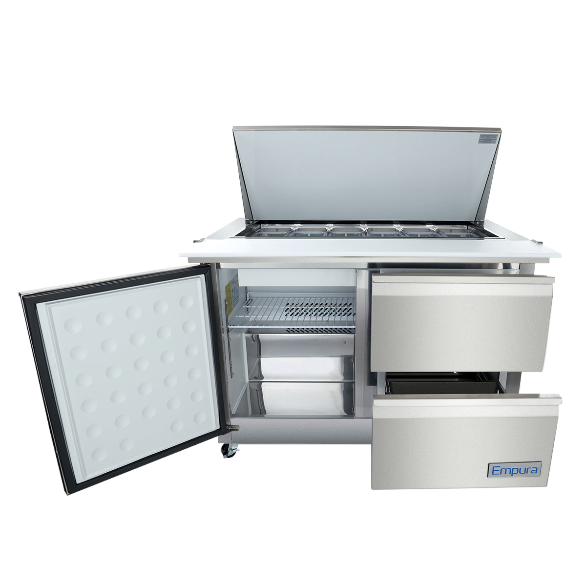 A stainless steel Empura refrigerated prep table features an open top lid with food pans, a sandwich salad mega top design, an open left door with shelves, and two open drawers on the right, all on caster wheels.
