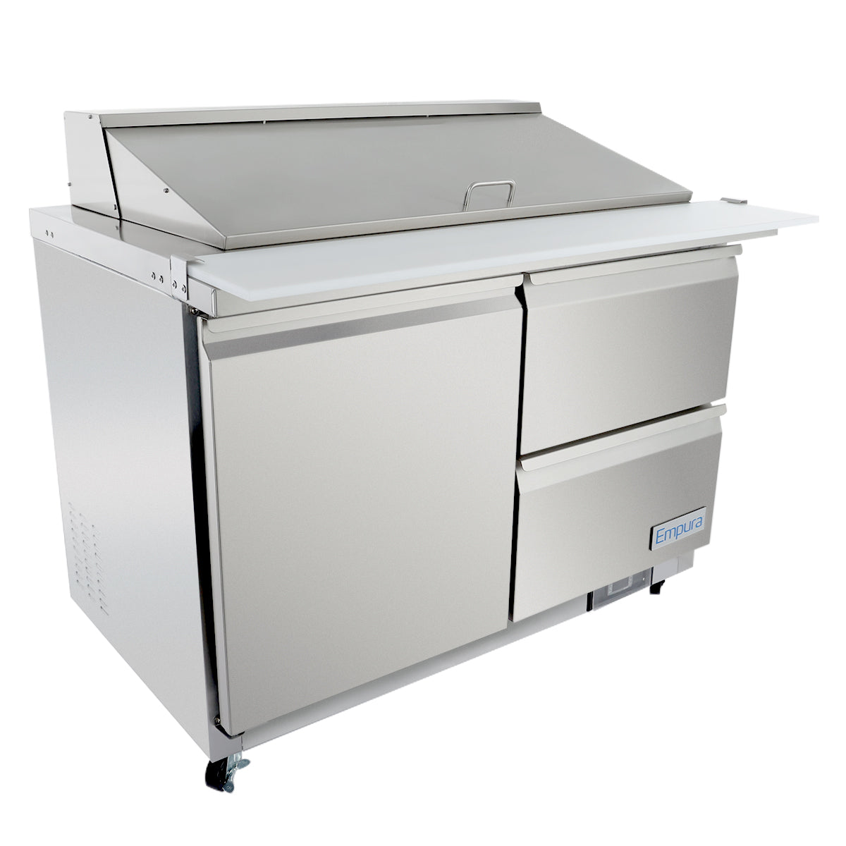 A large Empura refrigerated prep table with two doors, a top lid, and a white cutting board surface. This stainless steel unit is on wheels, ideal for kitchen food prep and storage—perfect as a sandwich salad mega top solution.