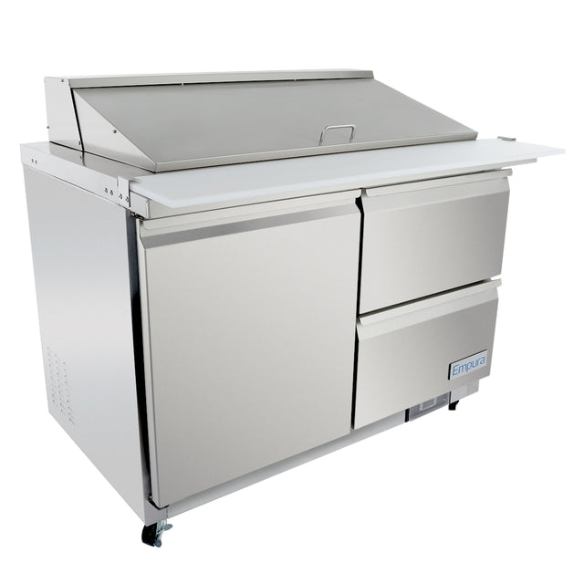 A large Empura refrigerated prep table with two doors, a top lid, and a white cutting board surface. This stainless steel unit is on wheels, ideal for kitchen food prep and storage—perfect as a sandwich salad mega top solution.