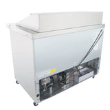 An Empura refrigeration stainless steel refrigerated sandwich prep table is shown from the back, displaying the compressor, wiring, and ventilation grilles. The unit sits on caster wheels with a partially open panel featuring labels and warning stickers.