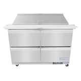A large Empura refrigeration salad mega top prep table with four doors and a hinged lid, featuring a sleek stainless steel finish, reflective surface, and wheeled base. The Empura brand is displayed on the lower right corner.