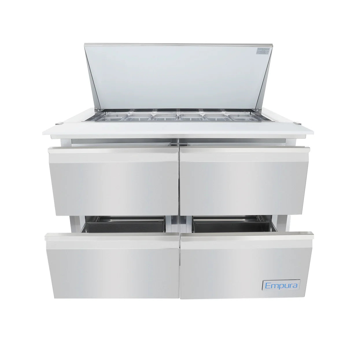 A stainless steel Empura refrigeration unit featuring four pull-out drawers and a lifted glass lid revealing a sectioned storage area—perfect as a refrigerated sandwich prep table. The Empura brand name is displayed on the lower right corner.