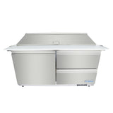 A commercial Empura refrigerated sandwich prep table with two large doors on the left and two drawers on the right, featuring a flat white countertop, an elevated covered compartment for ingredients, and the Empura logo on the front panel.