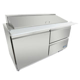 A refrigerated sandwich prep table with Empura refrigeration, featuring a large top lid, two storage drawers, and a front door. The white cutting board surface is ideal for restaurant kitchens, offering ample prep space and refrigerated storage.