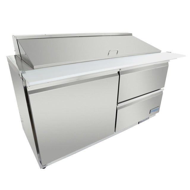 A refrigerated sandwich prep table with Empura refrigeration, featuring a large top lid, two storage drawers, and a front door. The white cutting board surface is ideal for restaurant kitchens, offering ample prep space and refrigerated storage.