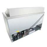 A commercial Empura refrigeration unit with a silver metal exterior is shown from the back. The open panel reveals wiring and copper coils. This refrigerated sandwich prep table stands on caster wheels, with a support rod holding the panel open.