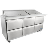 A large commercial Empura refrigeration unit with six pull-out drawers and two hinged top lids, designed for food storage. This salad mega top prep table features a flat workspace, sits on wheels, and has a blue brand logo on the lower right corner.