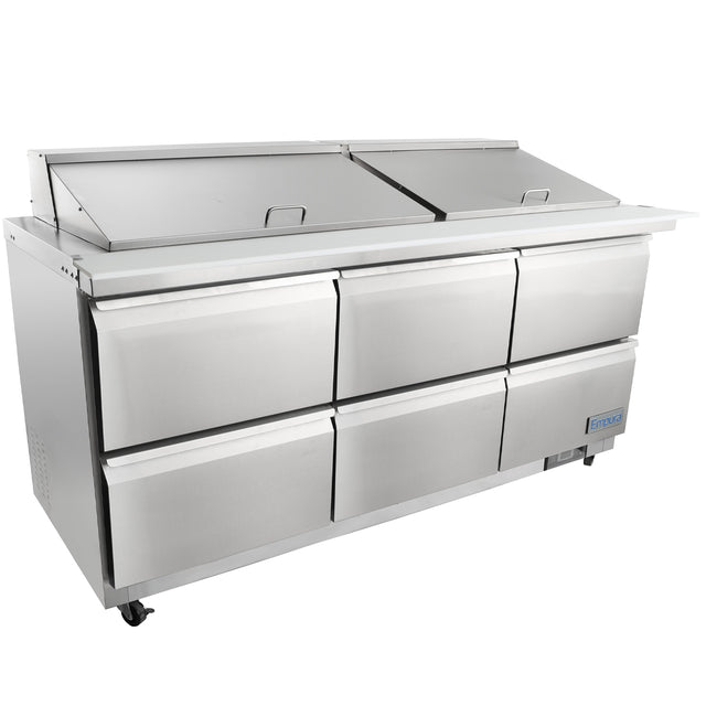 A large commercial Empura refrigeration unit with six pull-out drawers and two hinged top lids, designed for food storage. This salad mega top prep table features a flat workspace, sits on wheels, and has a blue brand logo on the lower right corner.