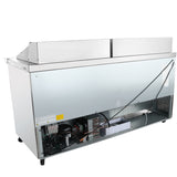 A commercial stainless steel ice cream dipping cabinet with the back panel open, revealing internal Empura refrigeration components, wiring, and compressor. The rectangular cabinet is on wheels with a silver finish and raised serving area on top.