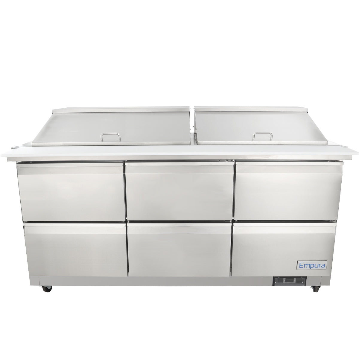 A large Empura refrigerated sandwich prep table with six drawers, two closed top lids, and a white cutting surface. The unit is on wheels for easy mobility, and the Empura brand label is visible on the bottom right.