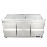 A large Empura refrigerated sandwich prep table with six drawers, two closed top lids, and a white cutting surface. The unit is on wheels for easy mobility, and the Empura brand label is visible on the bottom right.
