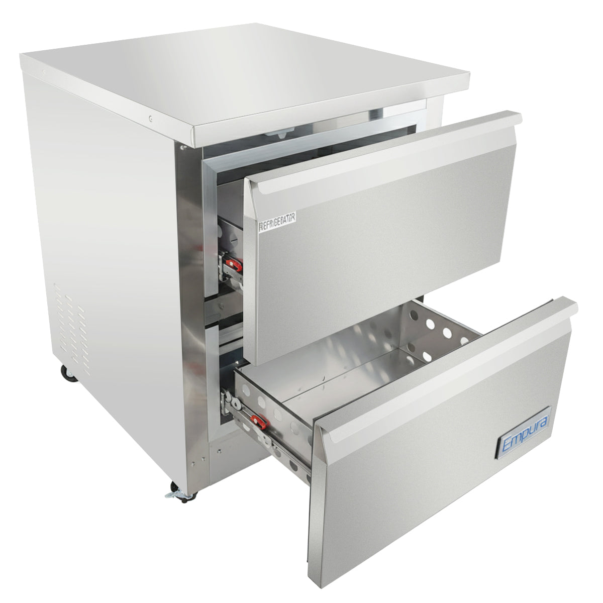 A commercial Empura refrigeration 2 drawer refrigerator with spacious, metal interiors and a sleek stainless steel exterior. Smooth surfaces, visible handles, and small wheels make this undercounter reach-in refrigerator both stylish and practical.