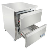 A commercial Empura refrigeration 2 drawer refrigerator with spacious, metal interiors and a sleek stainless steel exterior. Smooth surfaces, visible handles, and small wheels make this undercounter reach-in refrigerator both stylish and practical.