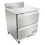 A stainless steel Empura Refrigeration undercounter reach-in refrigerator with two pull-out drawers and wheels. Featuring a flat work top, raised back edge, and the Empura logo on the bottom drawer, it's ideal for kitchen or restaurant use.