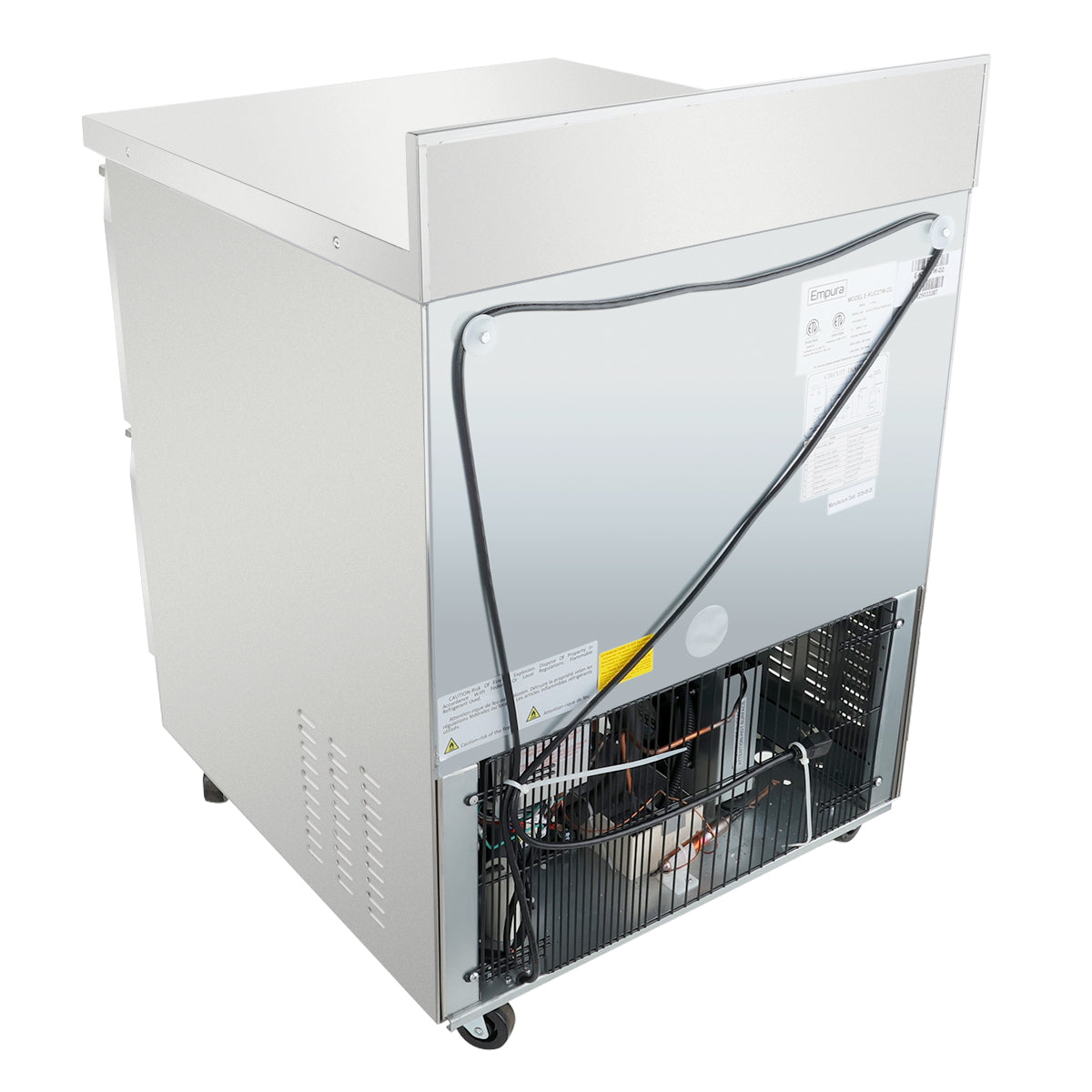 A commercial stainless steel Empura Refrigeration unit, viewed from the back. The rear panel is partly open, revealing internal components and wiring. This work top refrigerator is on caster wheels, with side vents and an attached information label.