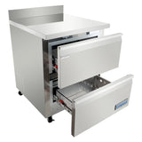 This stainless steel Empura Refrigeration undercounter reach-in refrigerator features two large pull-out drawers, smooth work top with raised back edge, and is mounted on wheels. The Emura logo is displayed on the lower drawer front.