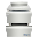 A stainless steel Empura refrigeration work top refrigerator features two slightly open drawers—one labeled Refrigerator and the other showing the Empura logo—with spacious interior storage. This undercounter reach-in refrigerator boasts a clean, modern design.