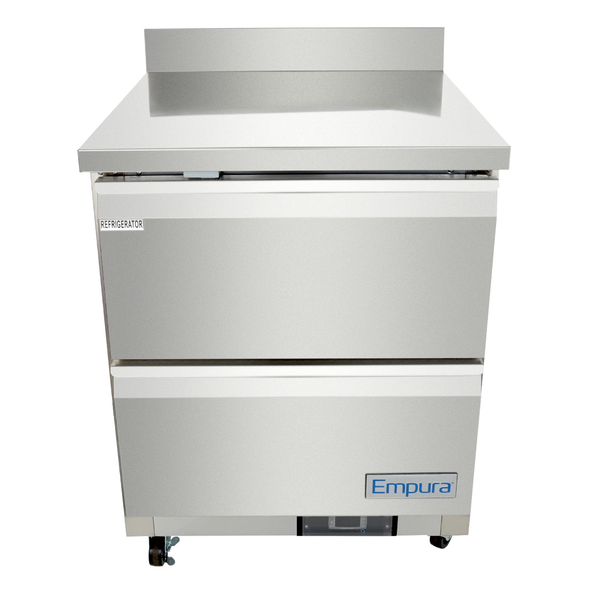 A stainless steel Empura Refrigeration undercounter reach-in refrigerator features two pull-out drawers, black caster wheels, a raised backsplash, and modern industrial design—ideal for professional kitchens.