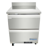 A stainless steel Empura Refrigeration undercounter reach-in refrigerator features two pull-out drawers, black caster wheels, a raised backsplash, and modern industrial design—ideal for professional kitchens.