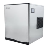 A commercial stainless steel ice machine with a boxy shape, featuring a black vent panel and a small display screen on the right side. The front is plain with the Empura brand in the upper left corner and produces full cube ice. The base and top edges are black.