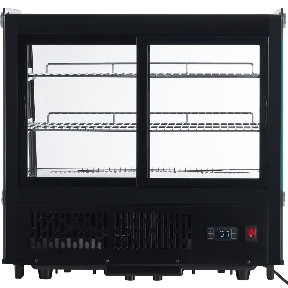 A black Empura refrigeration countertop display case with two sliding glass doors, two wire shelves, ventilation grilles at the bottom front, and a digital temperature display showing 3.5°C. The well-lit refrigerated display case interior is empty.