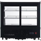 A black Empura refrigeration countertop display case with two sliding glass doors, two wire shelves, ventilation grilles at the bottom front, and a digital temperature display showing 3.5°C. The well-lit refrigerated display case interior is empty.