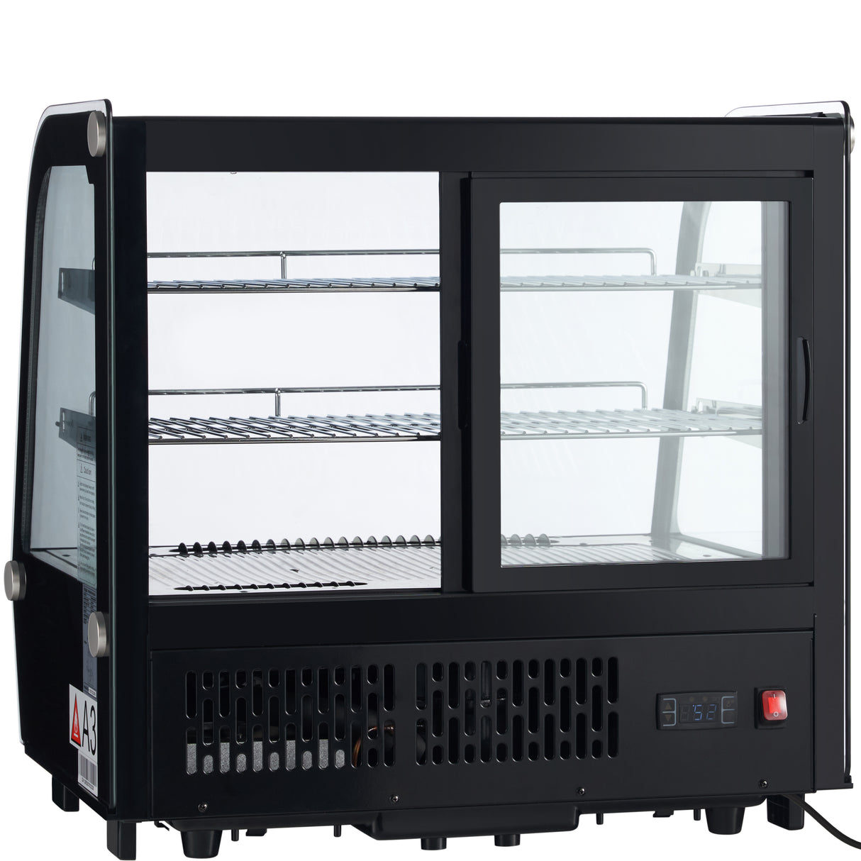 A black Empura refrigeration countertop display case with glass panels on all sides, two sliding glass doors at the front, two metal shelves inside, and a vented lower section. A digital temperature display and control buttons are visible on the bottom right.
