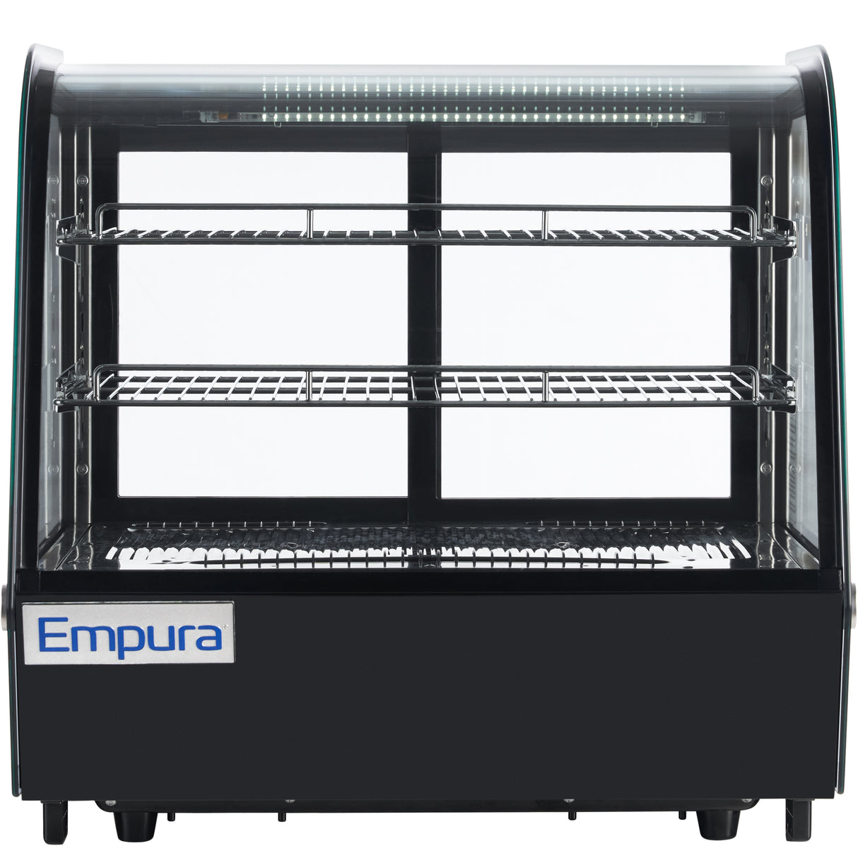 A black Empura refrigeration display case with a curved glass front, three wire shelves, interior LED lighting, and a branded logo panel at the bottom left. This countertop display refrigerator sits empty on short legs against a white background.
