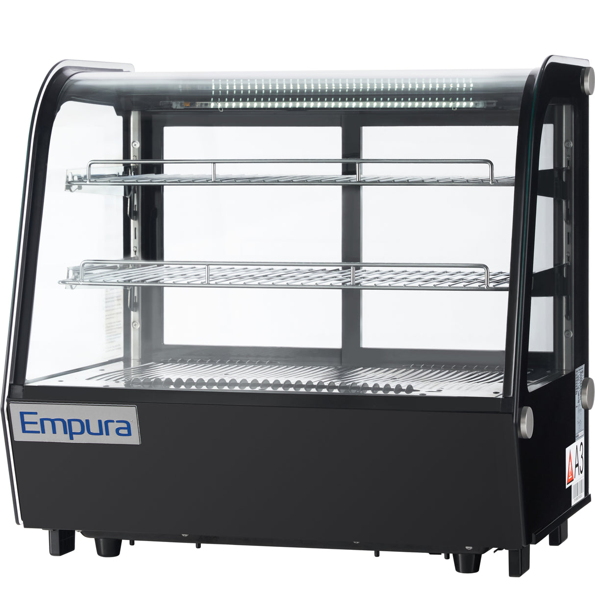 A black and glass Empura refrigerated display case with two wire shelves, clear curved front and sides, and an interior light, designed for showcasing food items in a commercial setting. The unit sits on four small legs.