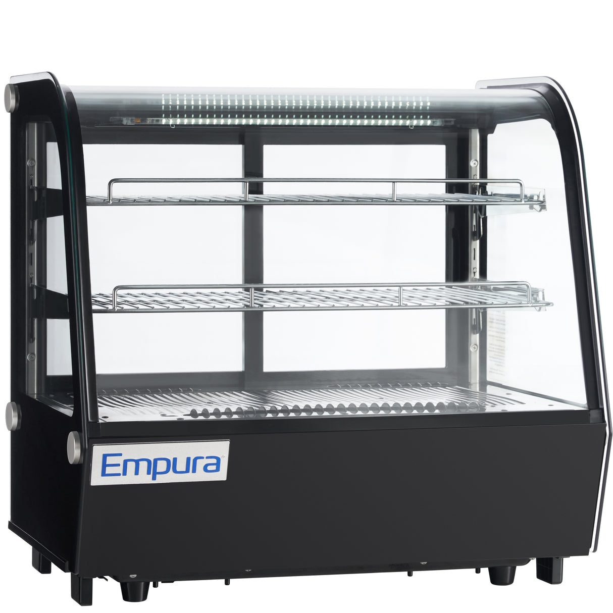 A black and glass Empura refrigeration countertop display refrigerator with two wire shelves and interior LED lighting. The curved glass front and blue and white Empura logo create a modern, sleek refrigerated display case for any setting.