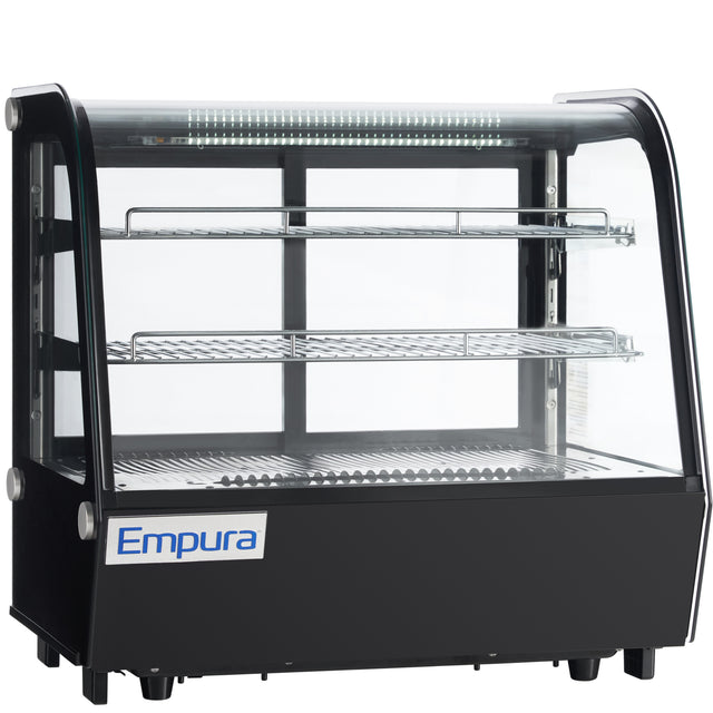 A black and glass Empura refrigeration countertop display refrigerator with two wire shelves and interior LED lighting. The curved glass front and blue and white Empura logo create a modern, sleek refrigerated display case for any setting.