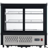 A commercial Empura refrigerated display case with two glass sliding doors, three metal shelves, and a stainless steel base. The digital control panel shows the temperature on the lower right corner. The unit is empty and well-lit, ready for food or drinks.