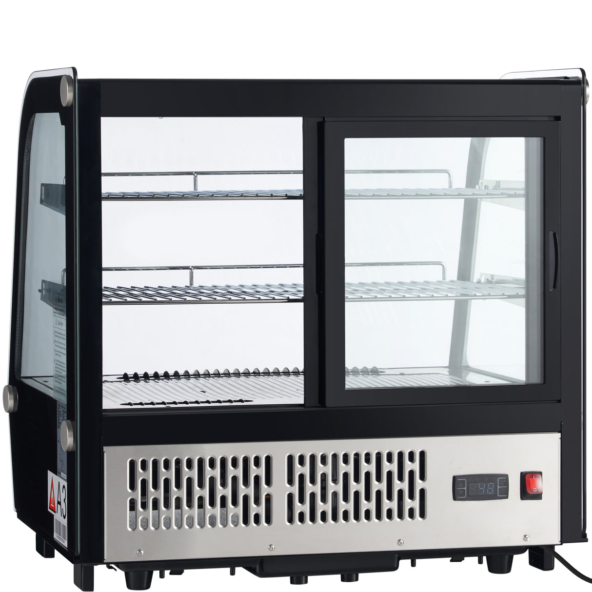 A black and silver Empura refrigerated case with glass panels, two sliding doors, three metal wire shelves, and a vented stainless steel base featuring a digital temperature display and control switch on the lower right.
