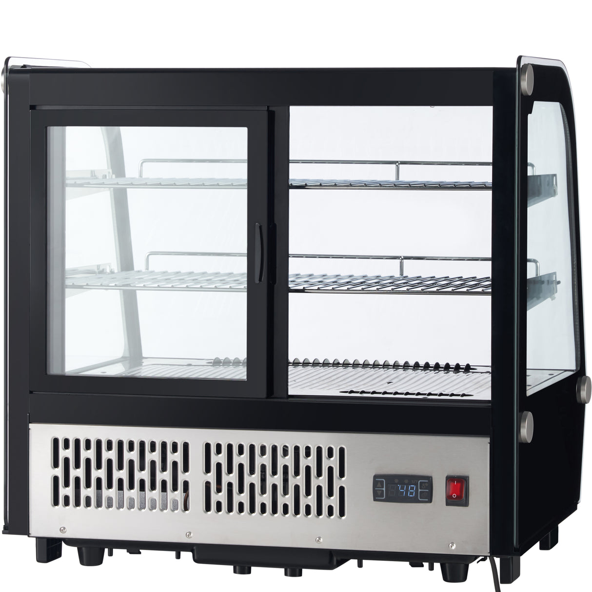 A black and silver Empura refrigerated case with a glass front and sides, two wire shelves inside, sliding glass doors, a digital temperature display, power switch, and ventilation panel at the bottom.