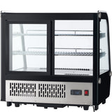 A black and silver Empura refrigerated case with a glass front and sides, two wire shelves inside, sliding glass doors, a digital temperature display, power switch, and ventilation panel at the bottom.