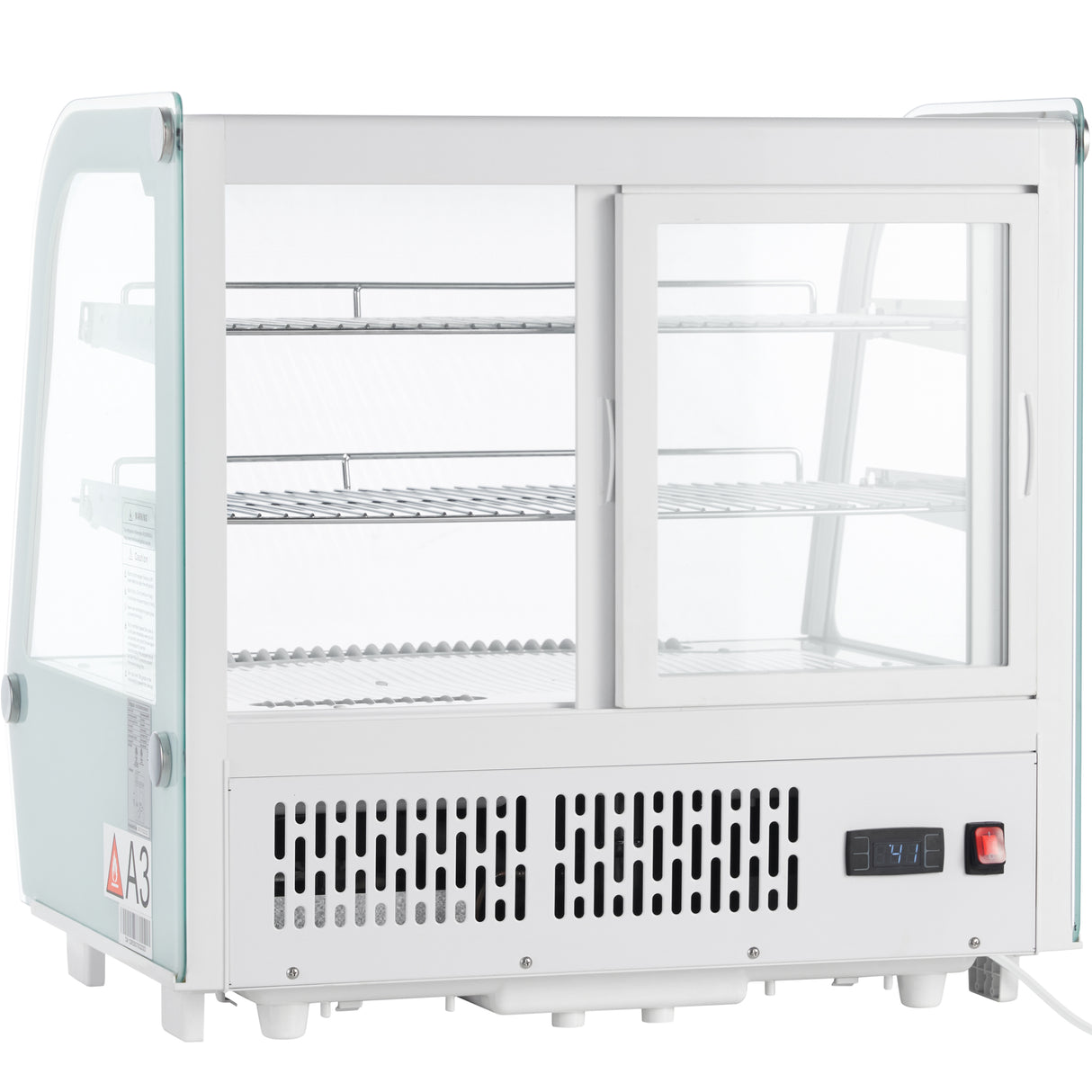 A commercial Empura refrigeration countertop display refrigerator with clear glass sides, front sliding doors, two wire shelves, a vented lower section, digital temperature display, and power switch—perfect for showcasing and keeping food items cool.