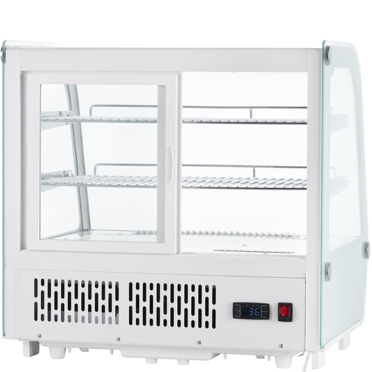 A white Empura refrigeration countertop display refrigerator with glass sides and sliding doors. This refrigerated display case features two wire shelves, a vented front panel, digital temperature readout at 3.6°C, black power switch, and an empty interior.