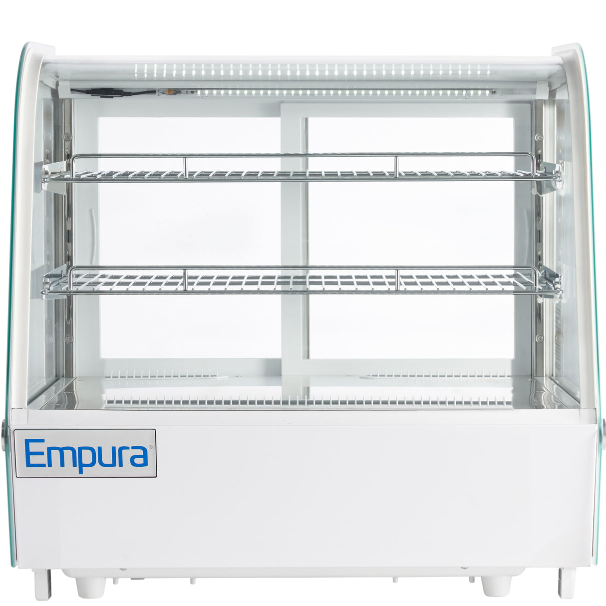 A white Empura refrigerated display case with three empty wire shelves, curved glass sides, interior LED lighting, and a front label displaying the Empura logo. This countertop display refrigerator is clean and ready for showcasing food or beverages.