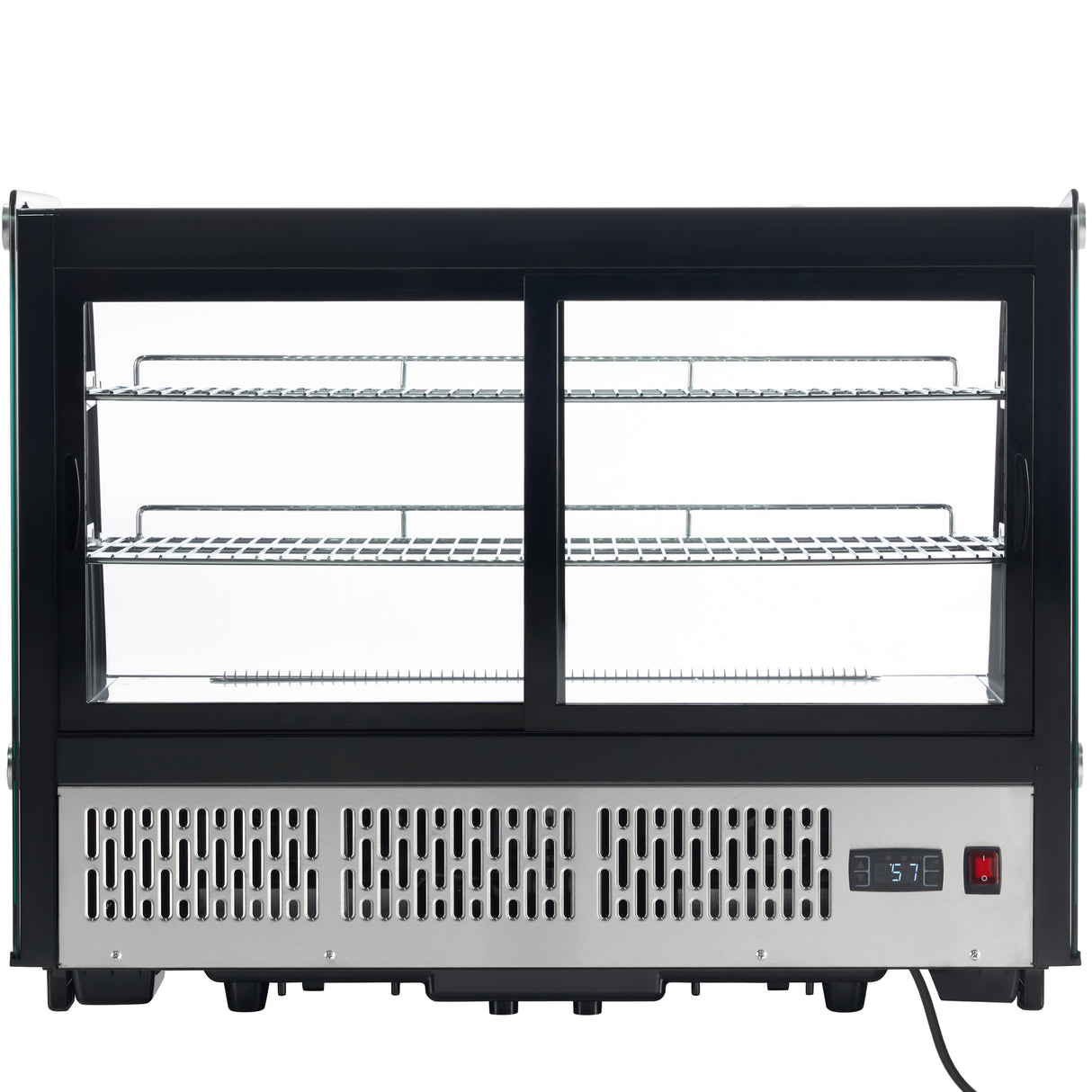 A refrigerated display case with two front glass sliding doors, three metal wire shelves, and a stainless steel vented base featuring a digital temperature display and power switch. The Empura refrigerated display includes a black power cord at the bottom right.