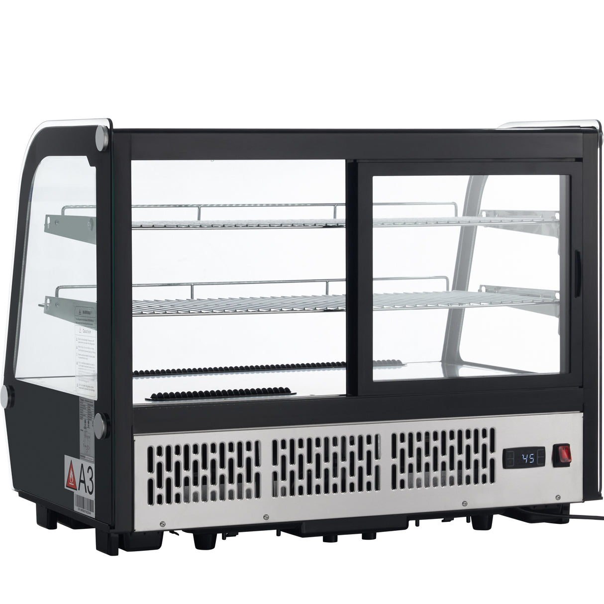 A black and silver Empura refrigerated display countertop case with glass panels on all sides, two metal shelves inside, a vented base, digital temperature display, and power switch. The front features sliding glass doors for easy access to the interior shelves.