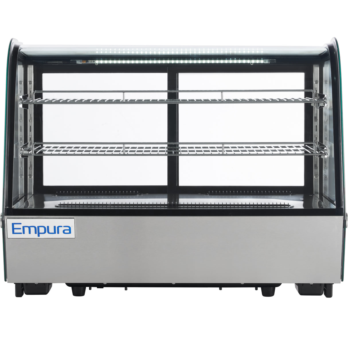 A stainless steel Empura refrigerated display case with glass front and sides, featuring two wire shelves and interior LED lighting. This countertop display case is empty, with the Empura logo visible on the bottom left corner.