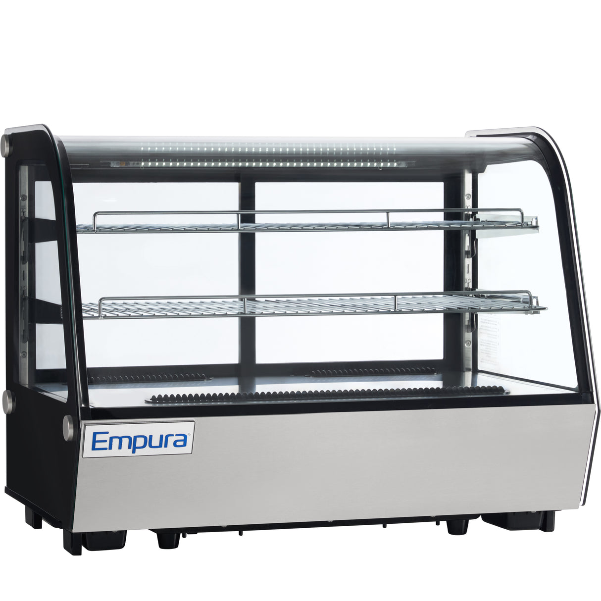 A commercial Empura refrigerated display case with a glass front and sides, two metal wire shelves, black frame, and stainless steel base. The well-lit countertop display case is empty, showcasing the Empura brand on the front.