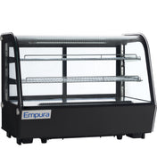 A black and glass Empura refrigeration countertop display case with two wire shelves, LED lights on top, and the brand name Empura on the front lower left corner. The refrigerated display case is empty and sits on a white background.