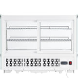 A white Empura refrigeration countertop display case featuring two sliding glass doors, two metal wire shelves, and a vented front panel. A digital temperature display and power switch are located at the bottom right of the unit.