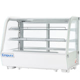 Glass countertop display case with two wire shelves and a white base labeled Empura. The rectangular case has rounded front corners, clear side panels, and is empty inside. It sits on four short legs and features an A3 label on the lower right corner.
