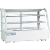 A white Empura Refrigeration countertop display case with glass sides and front, two wire shelves, and internal LED lighting. This refrigerated display case is perfect for showcasing food items in a commercial setting such as a bakery or deli.