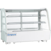 A white Empura Refrigeration countertop display case with glass sides and front, two wire shelves, and internal LED lighting. This refrigerated display case is perfect for showcasing food items in a commercial setting such as a bakery or deli.