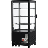 A black, rectangular Empura Refrigeration countertop display refrigerator with three interior shelves, transparent sides and door, and a vented base. A white label with a red warning triangle and A3 is attached to the lower front. The unit is empty.