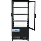 A black Empura Refrigeration countertop display refrigerator with a glass door open to the right, featuring three adjustable wire shelves inside. The brightly lit interior is empty, with a digital temperature display and white Empura label on the bottom front.